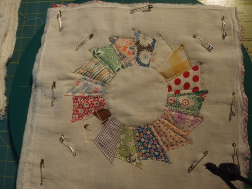 First part quilted around each little piece of fabric