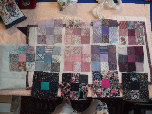 These are the little 9 patch blocks all different sizes and wonky as seams are from 16th to 1/2 an inch.