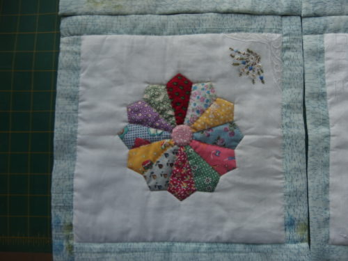 I also found time to appliuqe and quilt two more wee hanky QAYG blocks I find these so relaxing 