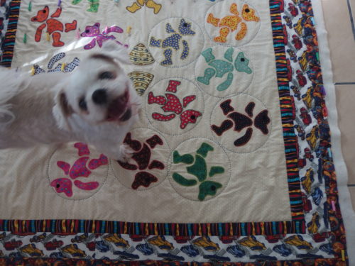 My little dog wanted to be in the photo and would not move LOL close up of the sashiko quilted hoops?