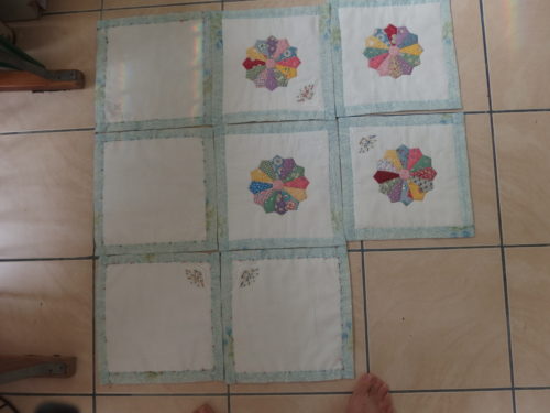 Another 4 Old-fashion Hanky QAYG blocks ready to be quilted and have the Dresden plates added and appliqué on. 