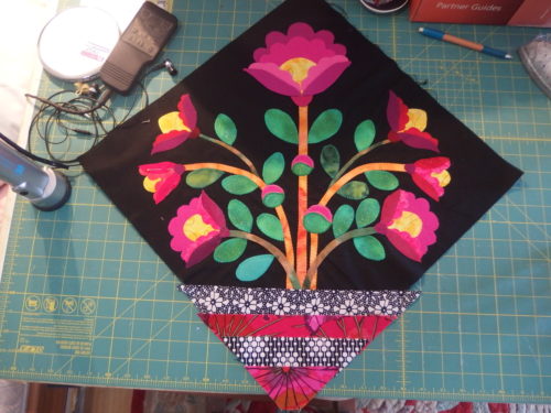 Esther Aliu's Diamond Hill BOM 1st block of mine does not look any different to last week but I have machine appliquéd my leaves on, just don't look to close as Im just learning to do Machine appliqué LOL