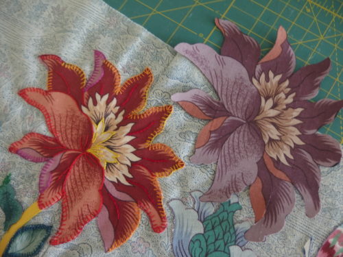 Flower on the right is the same shape as the one I've just about completed appliquéing and embroidering, its just a different shade, showing this so you can see the difference when you add thread play as I call it LOL . 